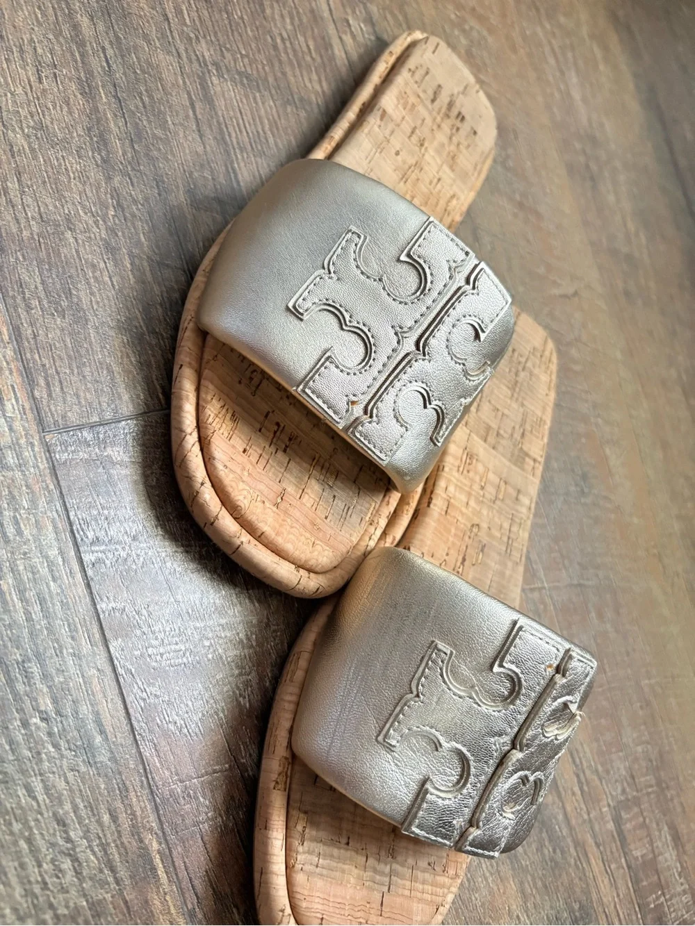 Tory Burch Silver Leather Cork Slide Sandals